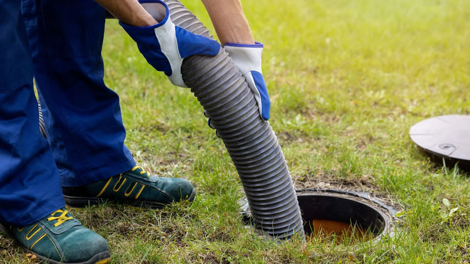 Drain cleaning technician using hydro jetting equipment on residential drain line