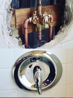 Copper shower valve rough-in with brass fittings and chrome trim ring installation