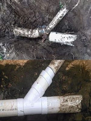 Cast iron and PVC drain pipes with coupling connections during replacement work