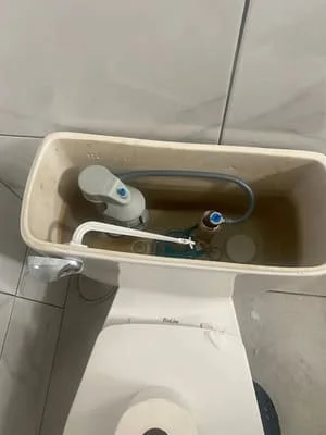 Toilet tank interior showing new fill valve and flush mechanism installation