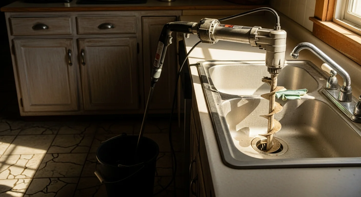 A Quality Plumbing technician clearing a clogged kitchen drain under a sink in a Ventura, CA home. The drain line is visible and the technician is using a professional drain auger to remove the blockage.
