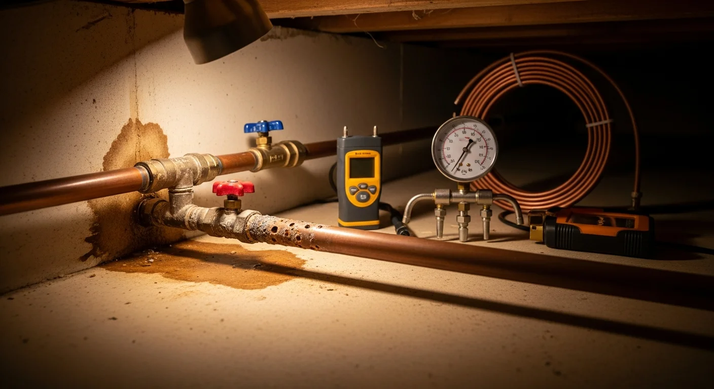 A licensed plumber repairing a pinhole leak on a copper supply pipe inside the wall of a Ventura, California home. The repaired copper section shows fresh solder joints with no visible corrosion or moisture.