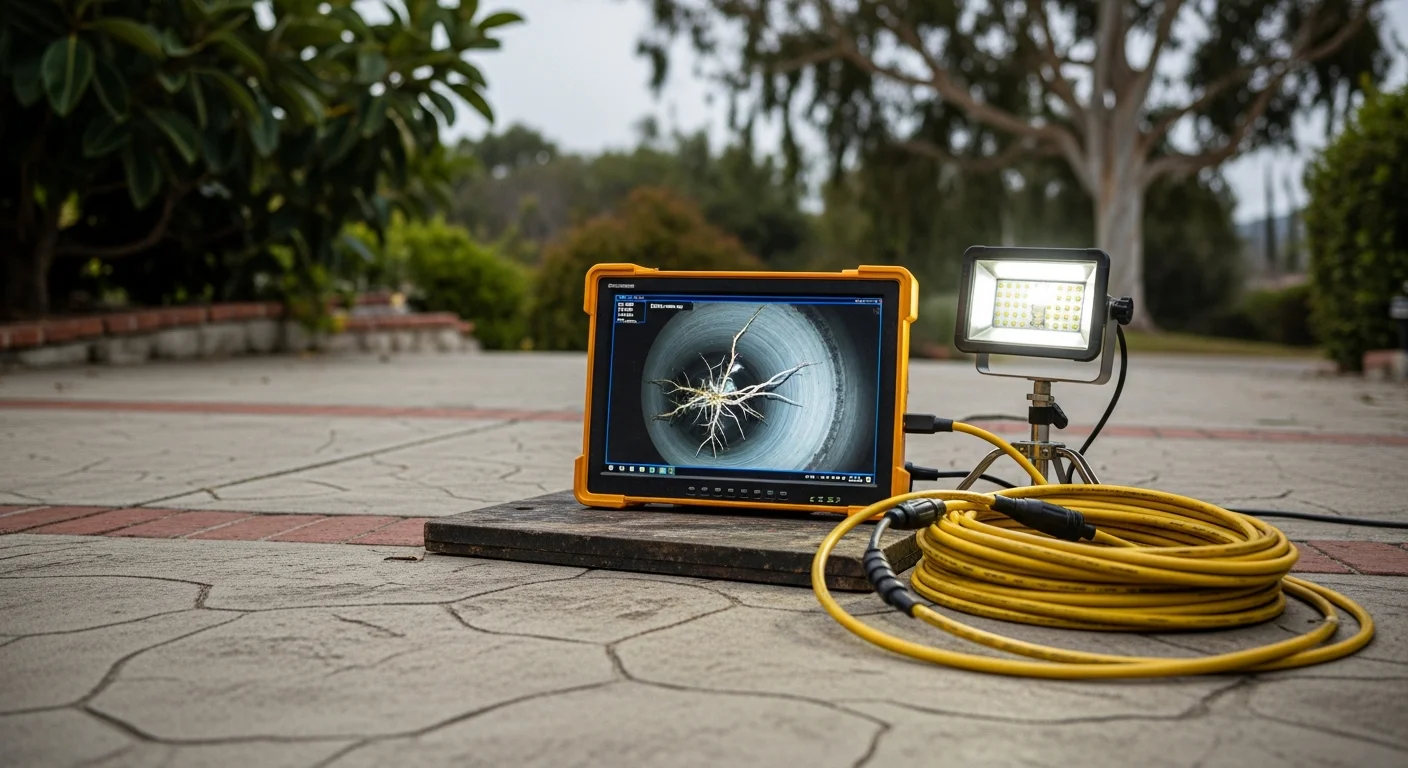A Quality Plumbing technician in Ventura feeds a flexible camera cable into a residential drain cleanout to inspect the interior of an aging sewer line. The monitor beside the technician displays a live video feed showing the inside of the pipe.