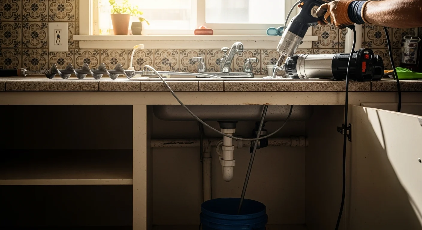 A Quality Plumbing technician clearing a clogged kitchen drain in a Ventura home using a professional drain snake. The under-sink pipes are visible with the cabinet doors open, showing a typical older residential plumbing setup.
