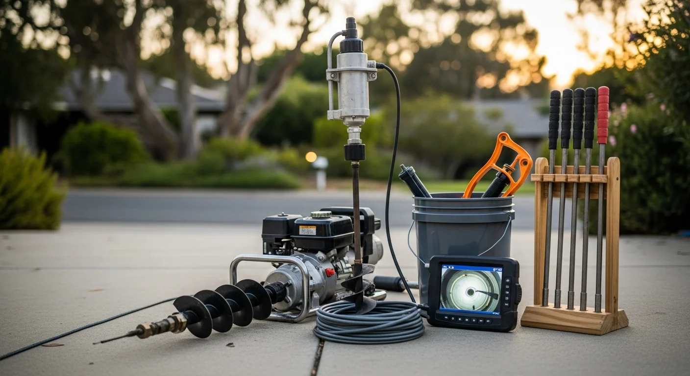 A plumber using a drain snake to clear a blocked main drain line inside a Ventura home. The technician is working at floor level near a utility area with the drain access point visible.