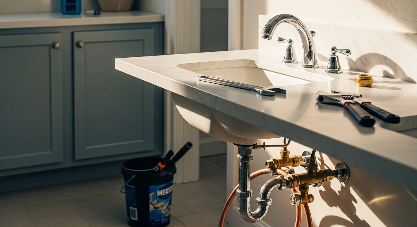 A licensed plumber installing a new bathroom faucet and supply lines under a sink in a Ventura home. The finished fixture is seated cleanly on a white porcelain sink with new angle stop valves visible below.