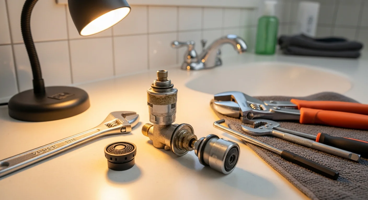 A plumber repairing a leaking faucet fixture under a kitchen sink in a Ventura home. Close-up view shows corroded valve components and mineral scale buildup consistent with hard water conditions.