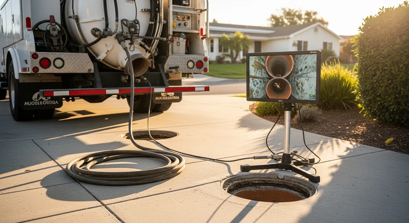 A plumber feeding a hydro jetting hose into a residential cleanout access point at a Ventura home. The pipe interior is being cleared of grease and scale buildup using high-pressure water.