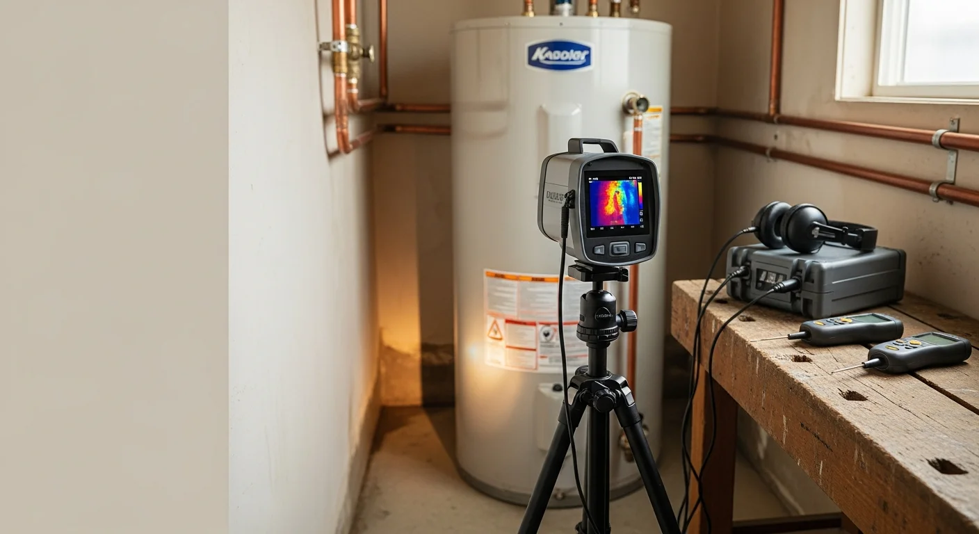 A Quality Plumbing technician using acoustic leak detection equipment on the floor of a Ventura home. The technician is checking for a slab leak beneath a concrete foundation in a residential property.