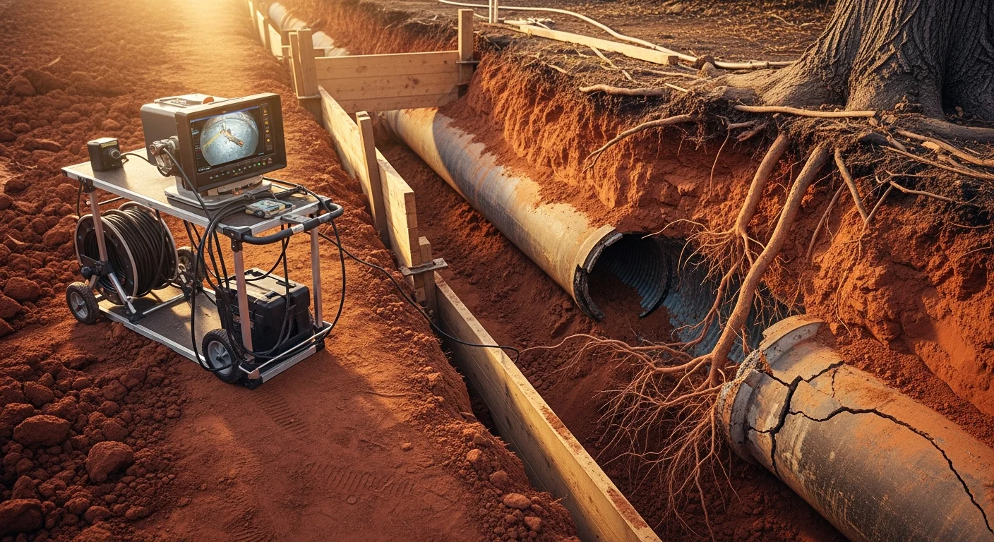 A sewer camera inspection screen showing a cracked clay pipe with root intrusion inside a residential sewer line in Ventura, California. A plumber reviews the footage in a residential backyard before beginning the repair.
