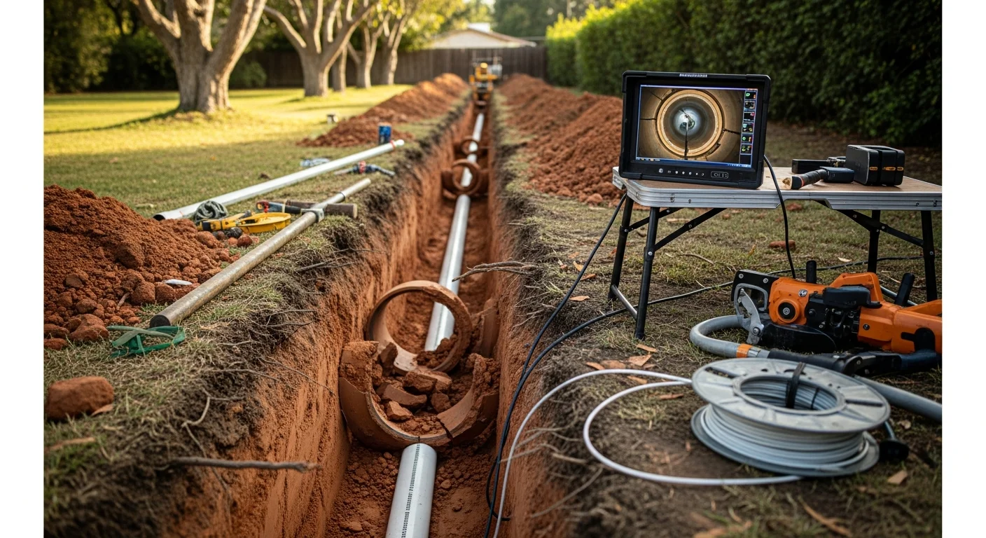 A sewer contractor in Ventura, California using a camera inspection system at a residential cleanout access point before sewer line replacement. An open trench alongside a single-family home reveals a deteriorated clay sewer pipe being removed and replaced.