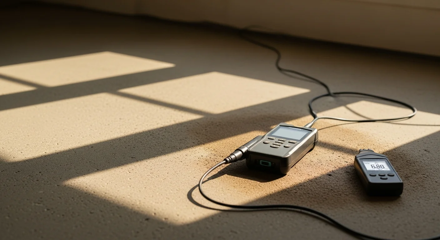 A Quality Plumbing technician using electronic acoustic detection equipment on a concrete slab floor inside a Ventura home. The image shows the detection tool pressed against the floor surface with no visible floor damage.