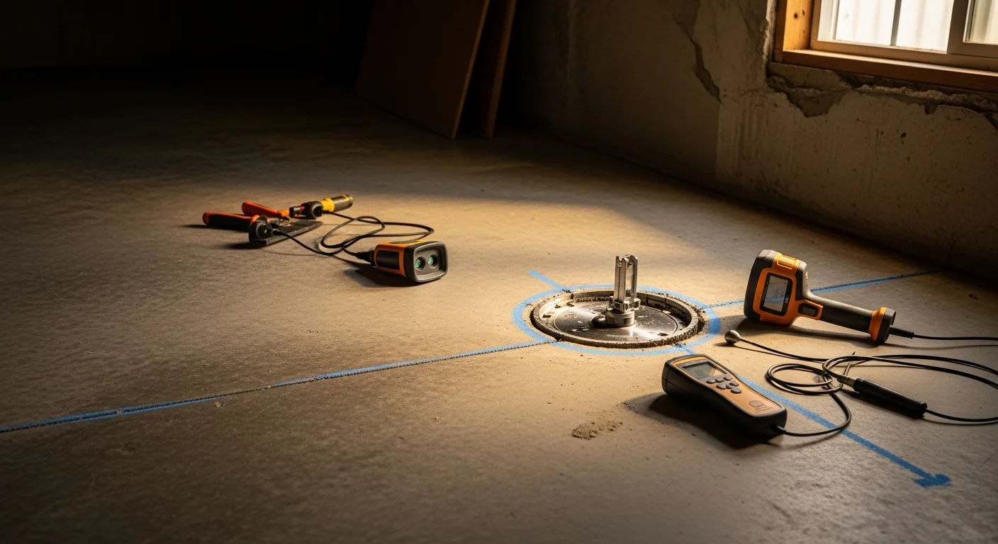 A Ventura plumber using acoustic detection equipment on a concrete slab floor inside a residential home. The image shows the technician locating a slab leak before any concrete has been opened.