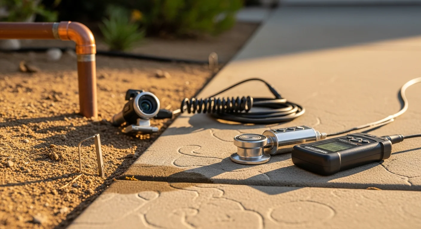 A Quality Plumbing technician using acoustic leak detection equipment on a residential yard in Ventura, California. The image shows the technician placing a listening device against the ground near a concrete driveway to locate an underground pipe leak.