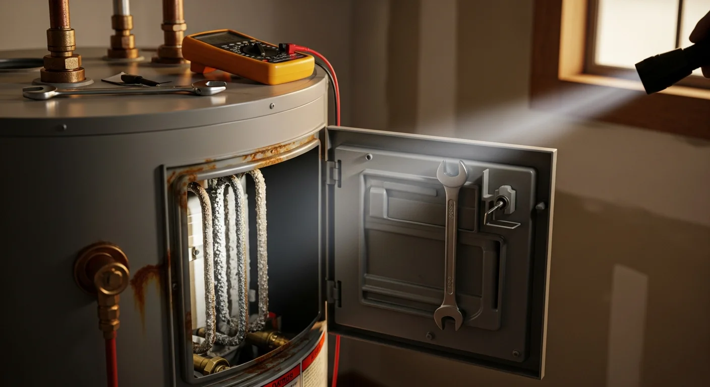 A licensed plumber from Quality Plumbing inspecting a residential tank water heater in a Ventura, CA home. The technician is checking the heating element and valve connections on a unit showing signs of mineral scale buildup.