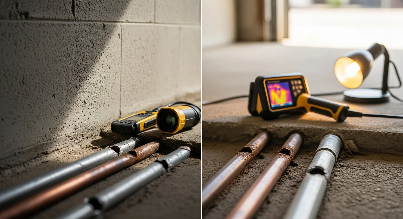 A Quality Plumbing technician using acoustic leak detection equipment on the floor of a Ventura home to locate a hidden slab leak. The image shows the detection tool pressed against a concrete floor in a residential interior.