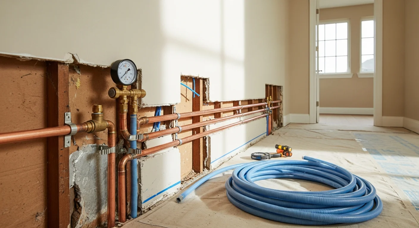 A Ventura plumber from Quality Plumbing installing new supply lines inside a residential wall during a whole-home repipe. Freshly run piping replaces corroded galvanized lines in an older Ventura home.